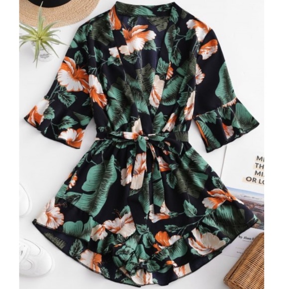 Zaful Pants - Belted Floral Ruffles Romper